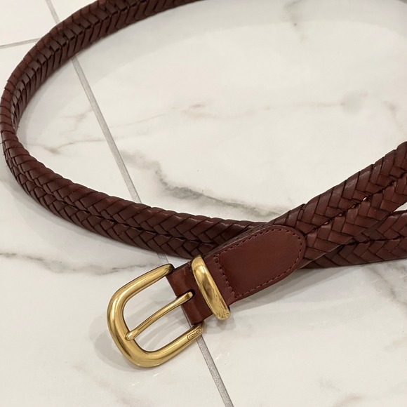 Coach Brown Braided Woven Leather Belt‎ Men's 42" 105 cm F90261 Gold Tone Buckle - Picture 3 of 6